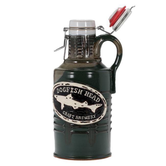Side view of the Dogfish Head ceramic growler with the swing-top lid open and handle visible.