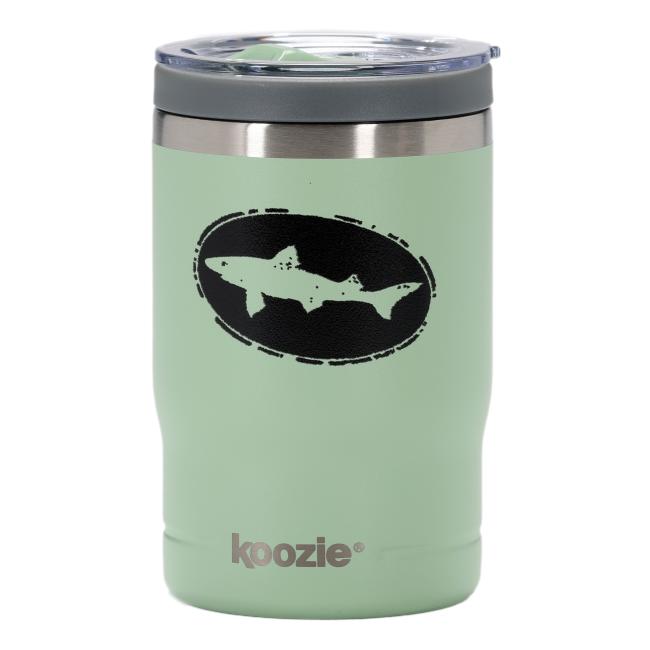 Sage green 12oz Koozie® insulated can cooler with a black Dogfish Head shark logo and clear plastic slide-top lid.