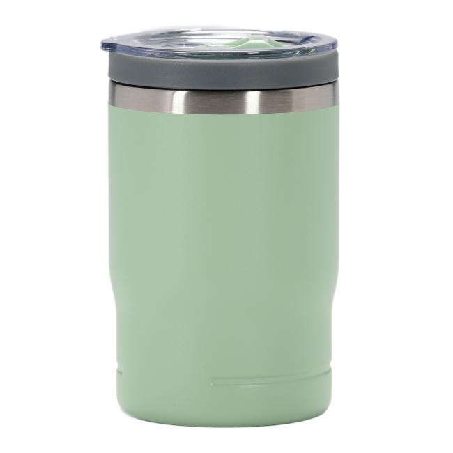 Back of the sage green insulated can cooler with a matte finish and no design.