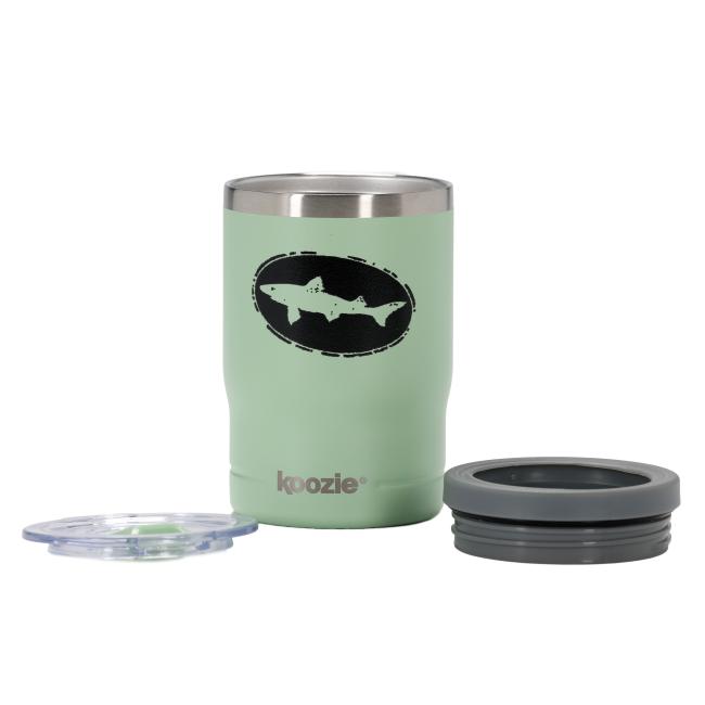 Dogfish Head 12oz sage green can cooler shown with its lid and screw-on ring removed, highlighting its dual function as a tumbler or can insulator.