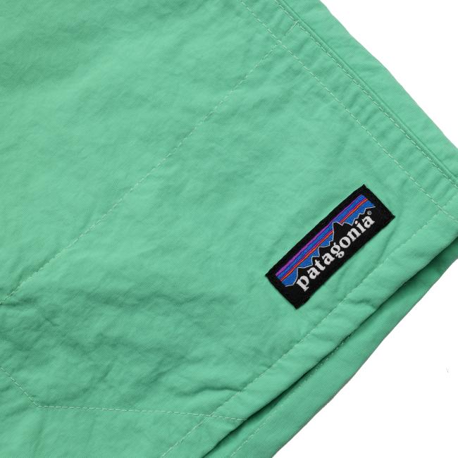 Close-up of the right leg of the green shorts showing the classic rectangular Patagonia logo tag stitched in black, blue, and purple.