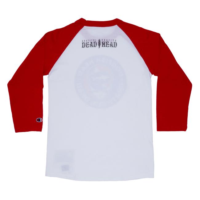 A white base baseball tee with red sleeves and trim with the small Dogfish Head x Grateful Dead logo on the back neck.