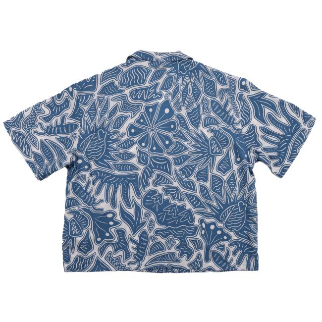 Back view of the same short-sleeve Patagonia shirt displaying the full blue and white abstract pattern without any logos or patches.