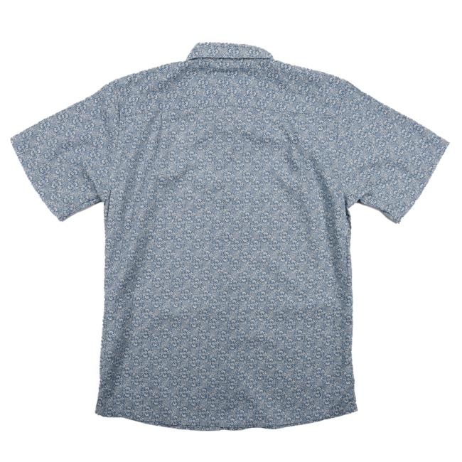 Back view of a short-sleeve Patagonia button-up shirt with an all-over light blue and white floral-inspired pattern on textured fabric.