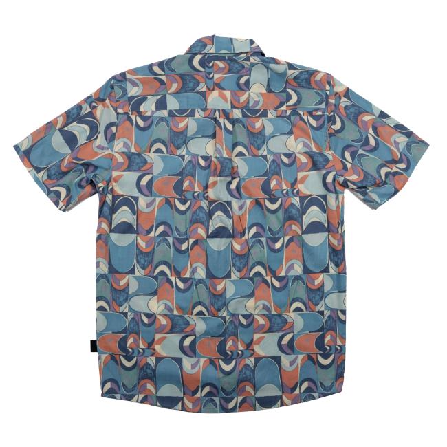 Back view of the same short-sleeve button-up shirt showing the full all-over abstract pattern in swirling geometric shapes and colors.