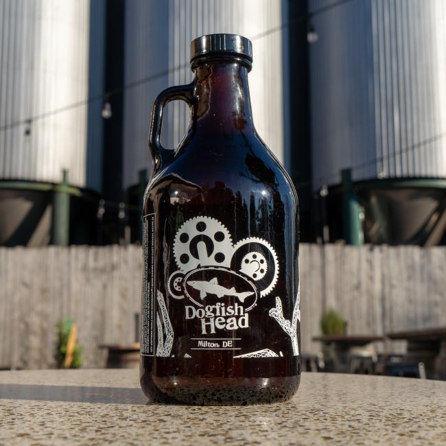 Dogfish Head 32oz Growler in Brown Amber with Cap and Treehouse Steampunk Design