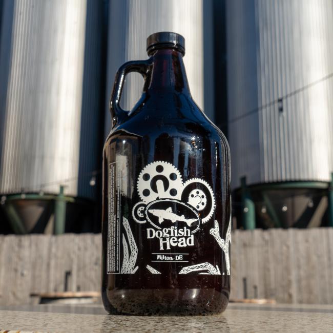 Dogfish Head 64oz Growler in Brown Amber with Cap and Treehouse Steampunk Design