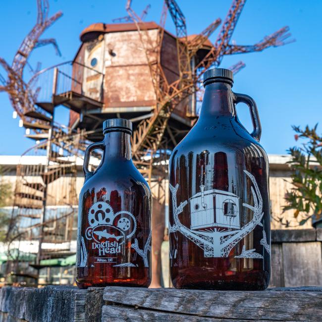 Dogfish Head 64oz Growler in Brown Amber with Cap and Treehouse Steampunk Design Shown with 32oz Version
