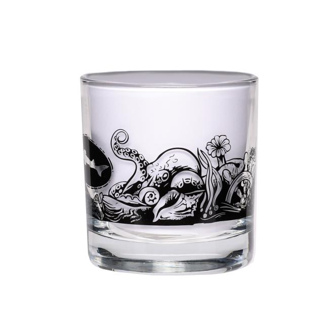 Rocks glass featuring water themed artwork