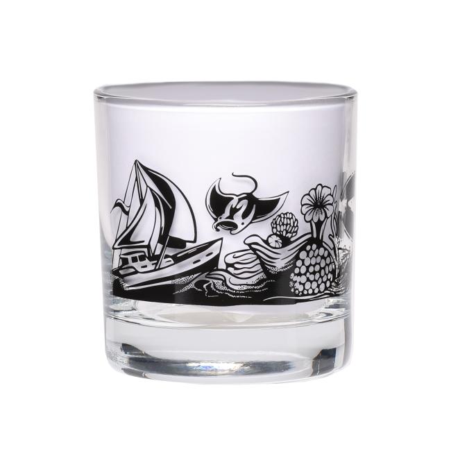 Rocks glass featuring water themed artwork