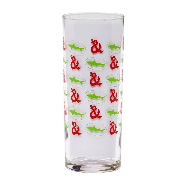 Narrow collins glass with step & repeat Shark and Shield and Chesapeake & Maine anchor logo.
