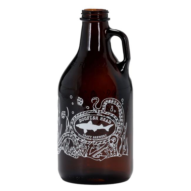 Amber 32oz Dogfish Head glass growler with a white underwater-themed design featuring the Dogfish Head logo wrapped in octopus tentacles.