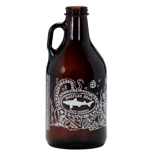 Side angle of the Dogfish Head 32oz amber growler highlighting the detailed tentacle and sea life design surrounding the brewery logo.