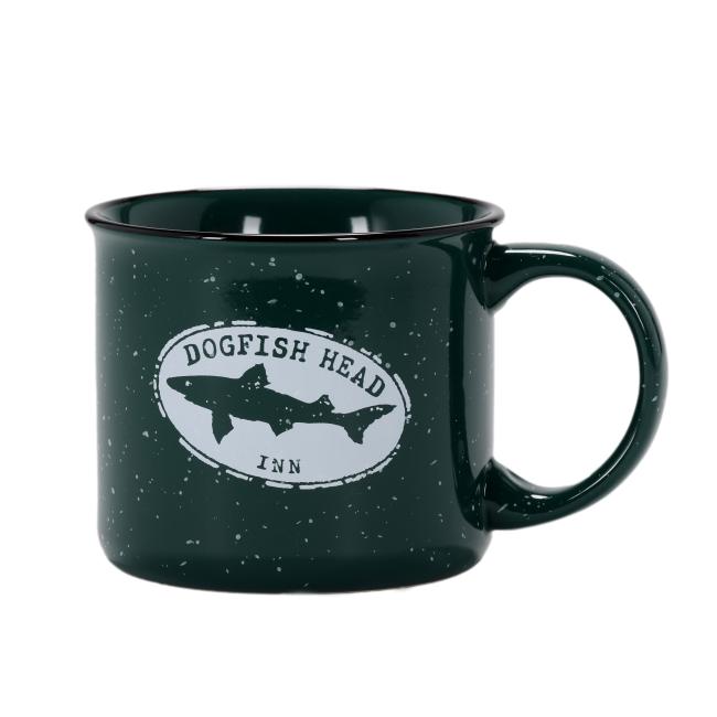 A green mug with a white Dogfish Head logo on it.