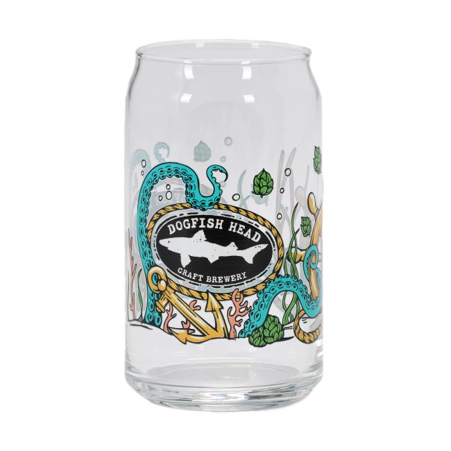 Empty Dogfish Head can glass with colorful underwater graphics including a large Dogfish Head logo, anchor, and teal octopus tentacles.