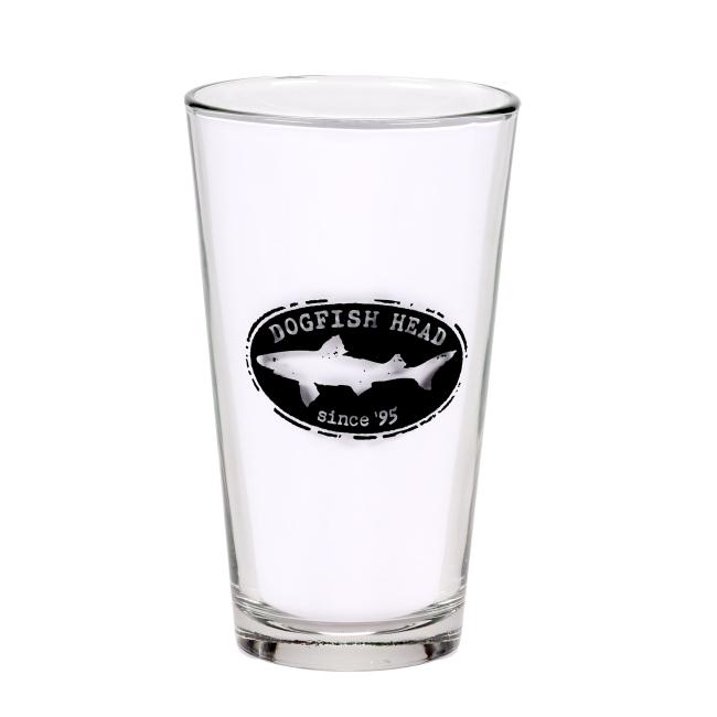 16oz standard pint filled with beer featuring black Dogfish Head Shark & Shield logo on one side and a Got A Minute Hop design on the other side. Hop design is filled in with minute series numbers. 