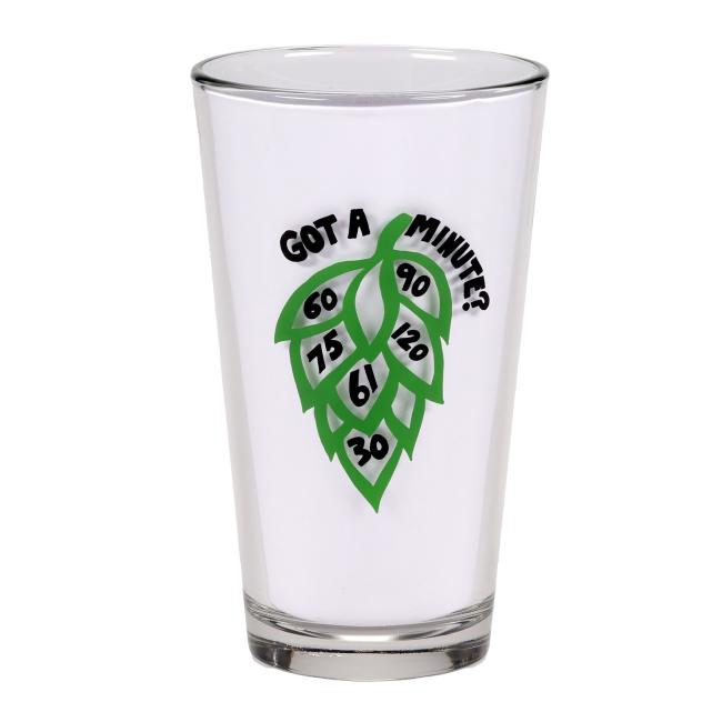 16oz standard pint filled with beer featuring black Dogfish Head Shark & Shield logo on one side and a Got A Minute Hop design on the other side. Hop design is filled in with minute series numbers.
