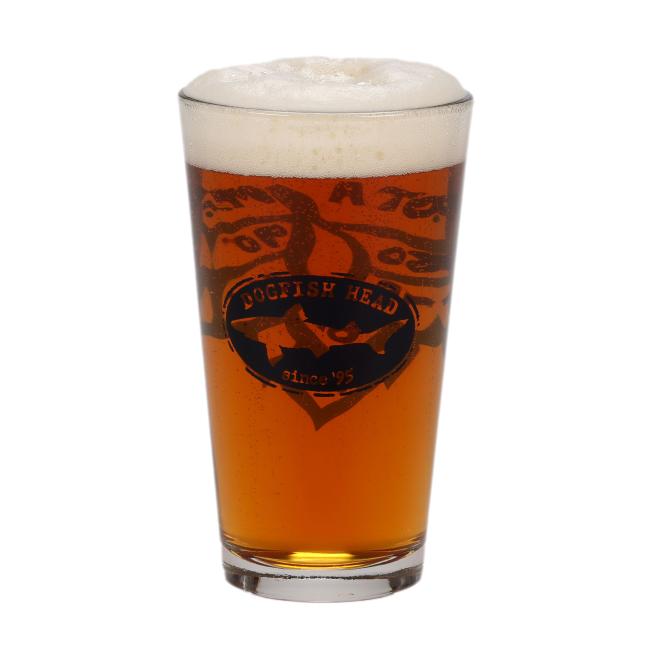 16oz standard pint filled with beer featuring black Dogfish Head Shark & Shield logo on one side and a Got A Minute Hop design on the other side. Hop design is filled in with minute series numbers. 