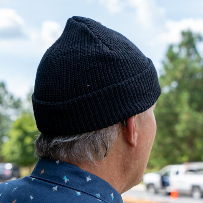Dogfish Head Black Enamel Pin Beanie Back View On Model
