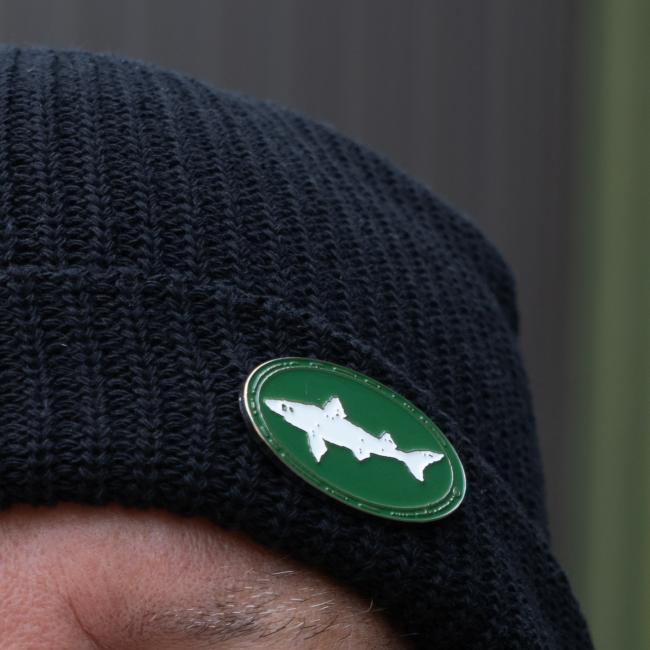 Dogfish Head Black Enamel Pin Beanie Up Close View Of Hat Pin On A Model