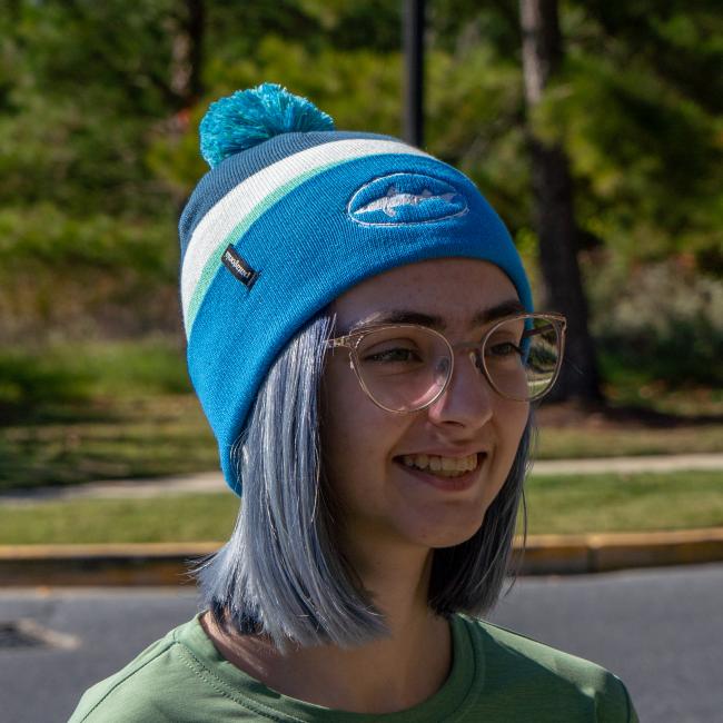 Dogfish Head and Patagonia Blue Stripe Lightweight Beanie in Blue and White with White Dogfish Head Shark Logo on Front