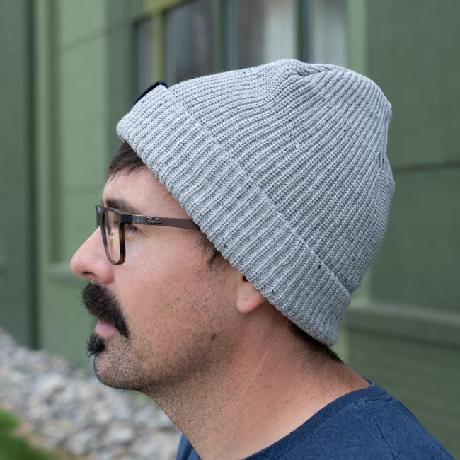 Dogfish Head Grey Fleck Beanie Side View On A Model