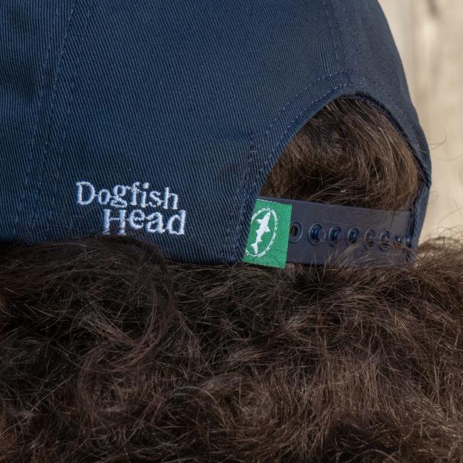 Dogfish Head Navy Twill Flat Snap Back Hat in Navy with Tan Dogfish Head Logo Patch on Front Back View