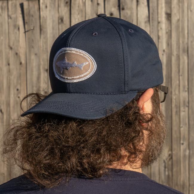 Dogfish Head Navy Twill Flat Snap Back Hat in Navy with Tan Dogfish Head Logo Patch on Front