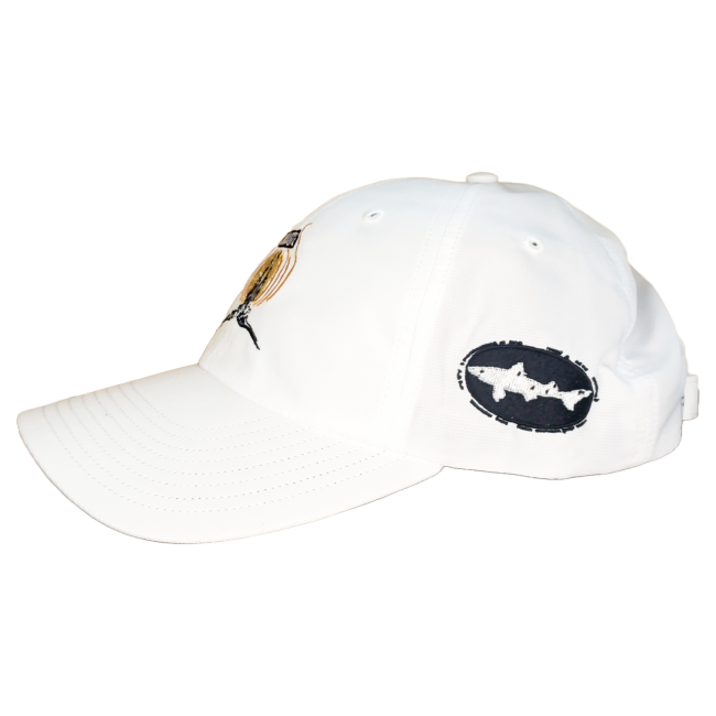 White hat with embroidery on front