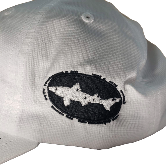 White hat with embroidery on front
