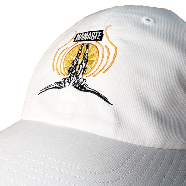 White hat with embroidery on front
