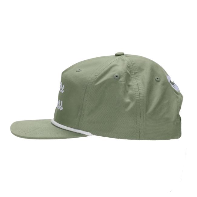 Right side view of the sage green Richardson hat showing the soft unstructured crown and the continuation of the white rope detail along the brim.