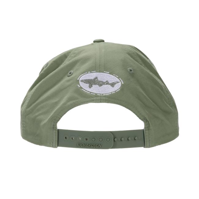 Back view of the sage green Richardson snapback hat featuring the Dogfish Head shark logo embroidered in white and an adjustable snap closure.