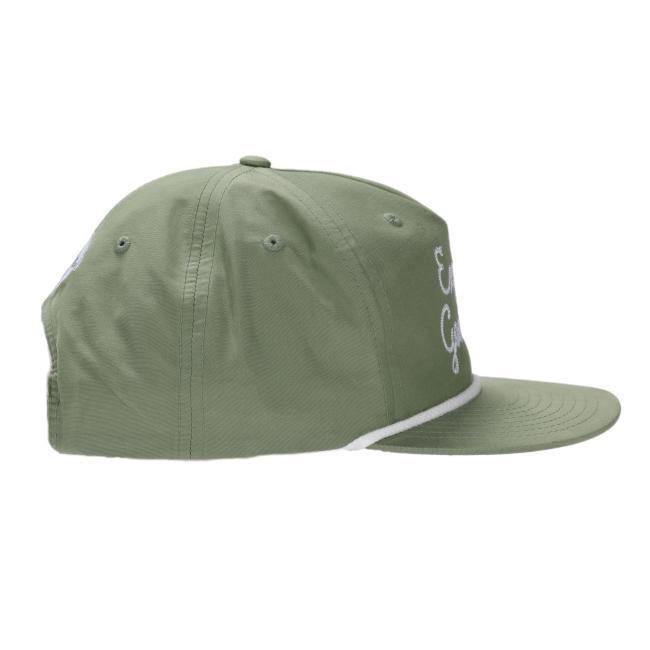 Left side view of the sage green Richardson hat highlighting the panel stitching, eyelets, and part of the embroidered front design.