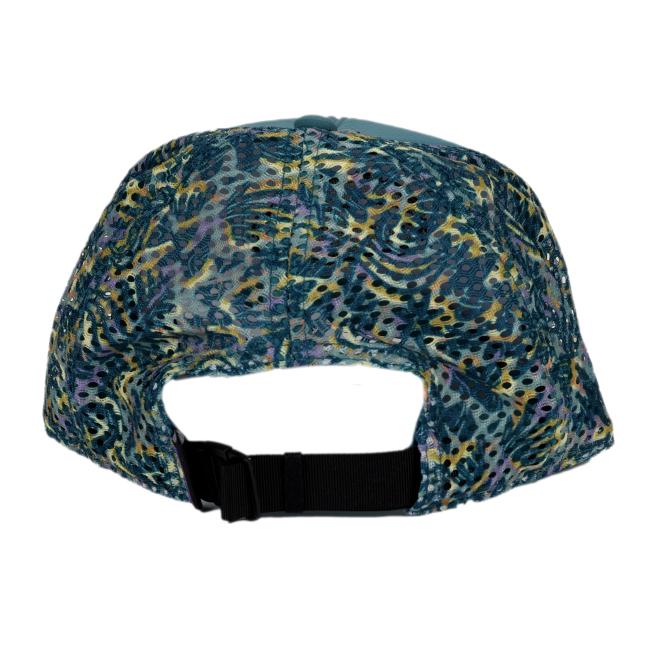 Back view of the hat highlighting the fully mesh rear panels with a multicolor abstract pattern and an adjustable black strap for sizing.