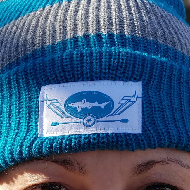 Slightly Mighty Rugby Stripe Beanie Woven label close-up