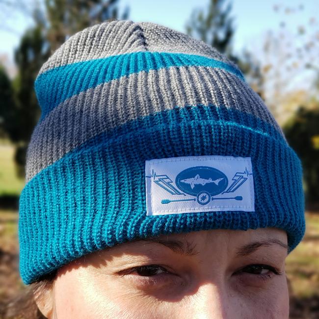 Slightly Mighty Rugby Stripe Beanie Teal and Grey