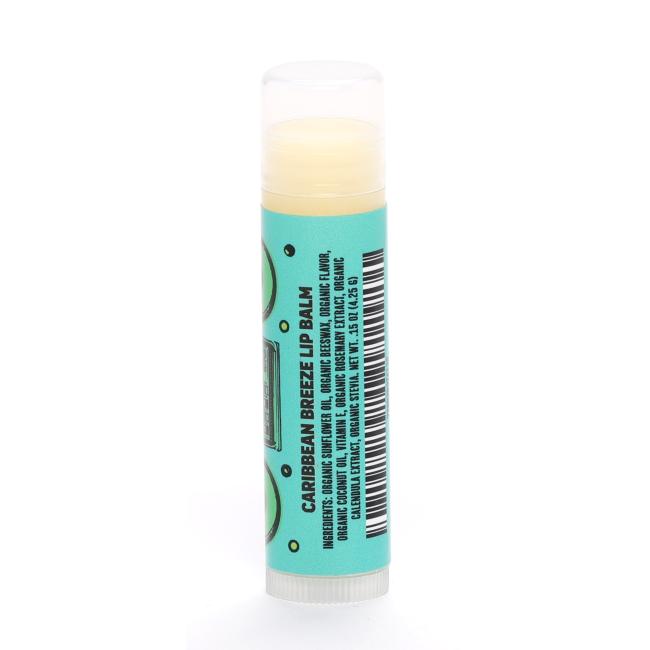 A turquoise lip balm tube featuring a retro black-and-green boombox graphic.