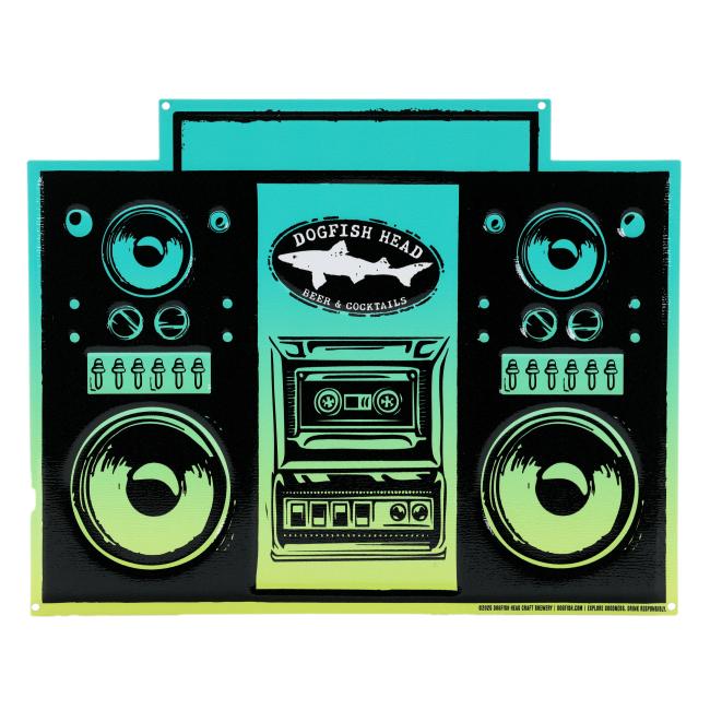 Metal tacker sign styled like a retro boombox with Dogfish Head Beer & Cocktails logo and a blue-to-green gradient background.