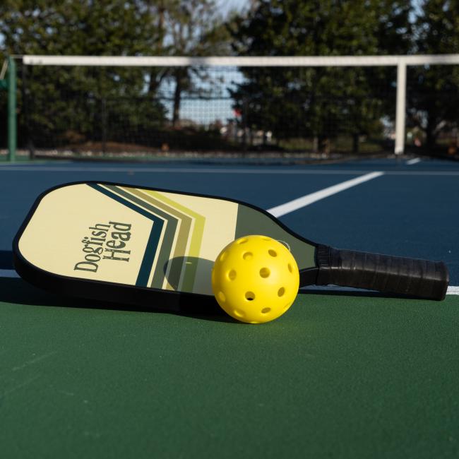 Dogfish Head Pickle Ball Paddle in a Green and White Retro Design Laying On a Pickle Ball Court