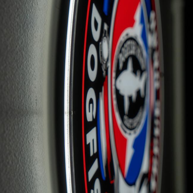 Close up view of the side of the LED sign of the Dogfish Head and Grateful Dead collaboration logo. Shows the thickness of the sign.