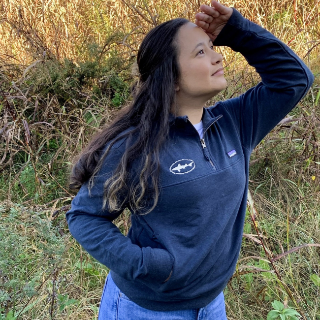 Dogfish Head and Patagonia Women's Blue 1/4 Zip Pullover Front View with Dogfish Head Shark Logo in White On Front
