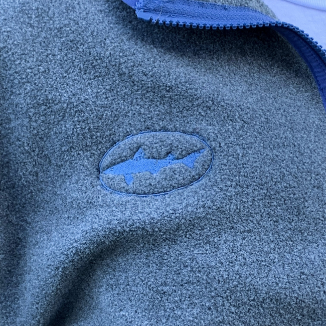 Dogfish Head and Patagonia Grey Synch Full zip Jacket Front View of Dogfish Head Shark Logo