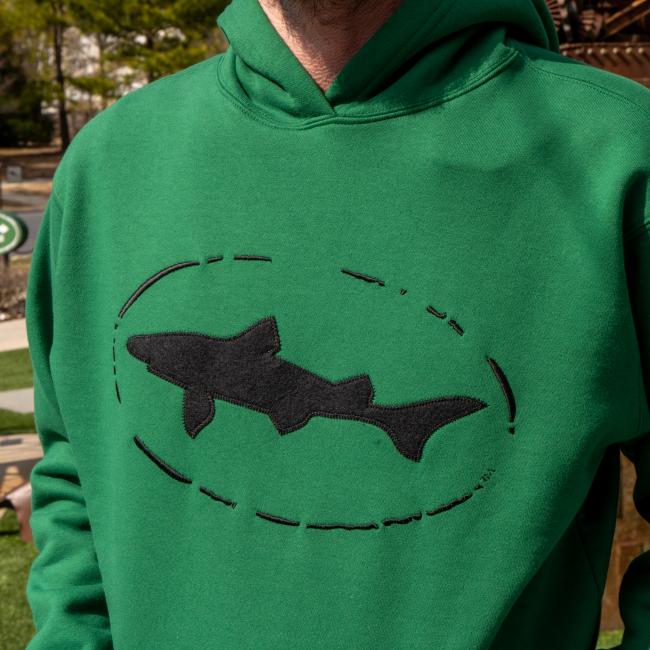 A green boathouse heavyweight sweatshirt with the Dogfish Head logo embroidered in black on the front.