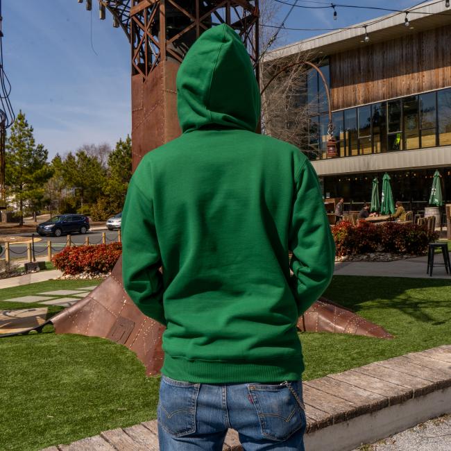 The back side of the green Boathouse heavyweight hoodie.