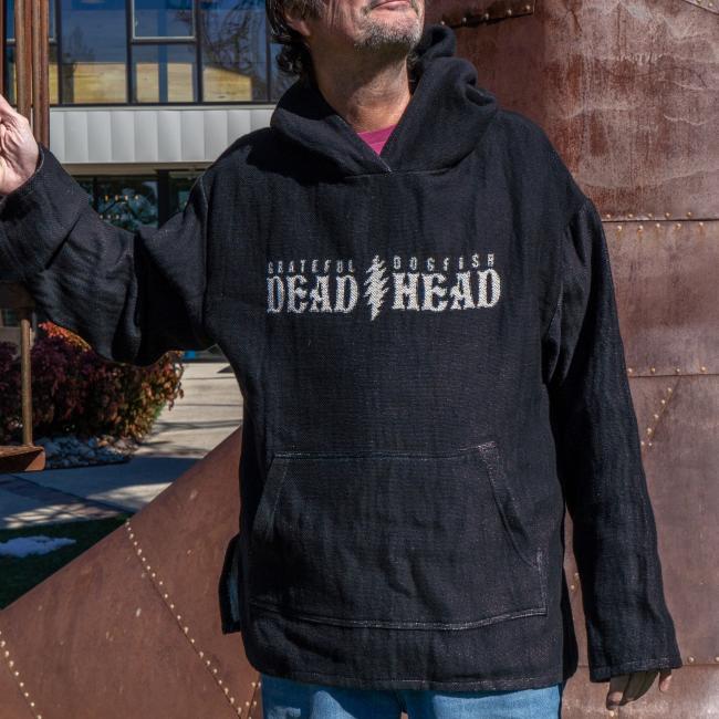 Fiberart knit hoodie sweatshirt with Grateful Dead Dogfish Head text across front chest divided by lightening bolt