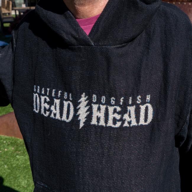 Fiberart knit hoodie sweatshirt with Grateful Dead Dogfish Head text across front chest divided by lightening bolt