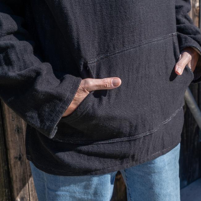 Close up of kangaroo pocket on front of knit hoodie 