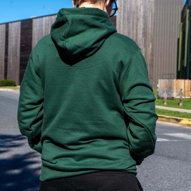 Dogfish Head Collegiate Hoodie in Green with White Dogfish Head Lettering in White on The Front Back View Worn By a Model