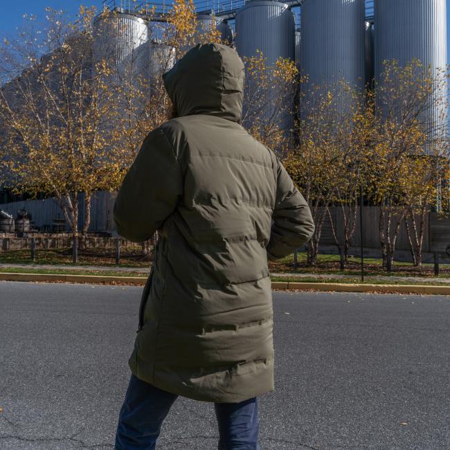 Dogfish Head and Patagonia Men's Olive Green Glacier Parka Back View on Model